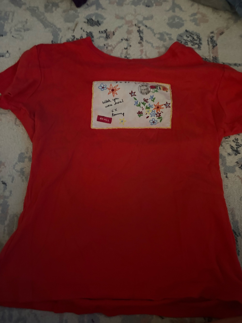 Tommy Hilfiger Red Top with Embroidered Postcard Motif. Vintage baby tee